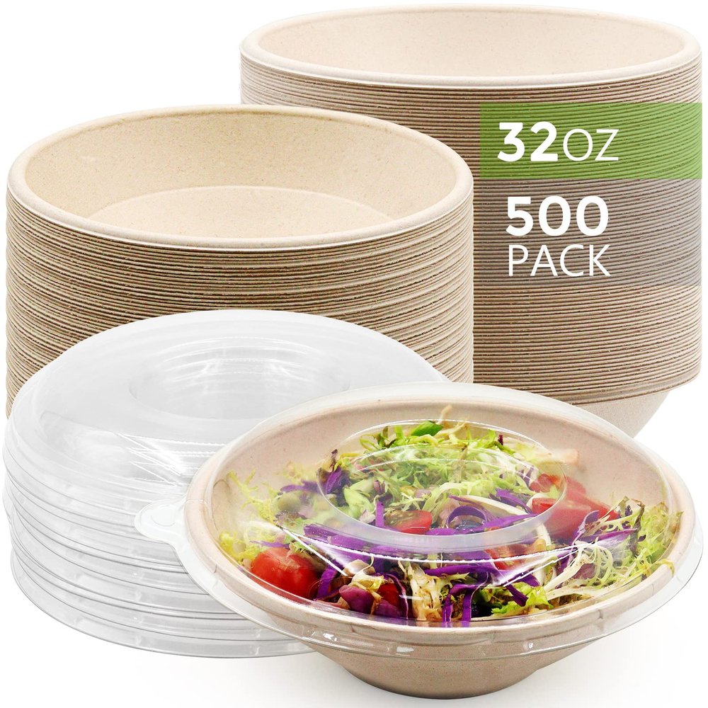 500 Pack 32 oz Disposable Bowls, Eco-Friendly Disposable Bagasse Bowl, Duty Biodegradable Bowls Made Of Sugarcane, Heavy Duty Compostable Bowls Party Serving Bowls for Salad, Dessert (500-Covered)