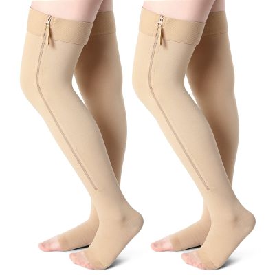 2 Pairs Open Toe Thigh High Zipper Compression Socks 20-30 mmHg Zipper Compression Stockings for Women Men Swelling Edema (Nude, M Size)