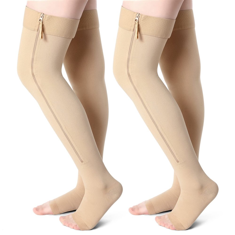 2 Pairs Open Toe Thigh High Zipper Compression Socks 20-30 mmHg Zipper Compression Stockings for Women Men Swelling Edema (Nude, M Size)