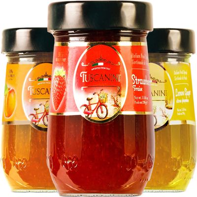 Tuscanini Premium Italian Preserves, Variety Pack, 11.64 oz Jar (3 Flavors) | Lemon Ginger, Apricot, Strawberry | 50% Real Fruit | Spreadable Jam | No High Fructose Corn Syrup | No Preservatives | Non GMO | Gluten Free | Kosher