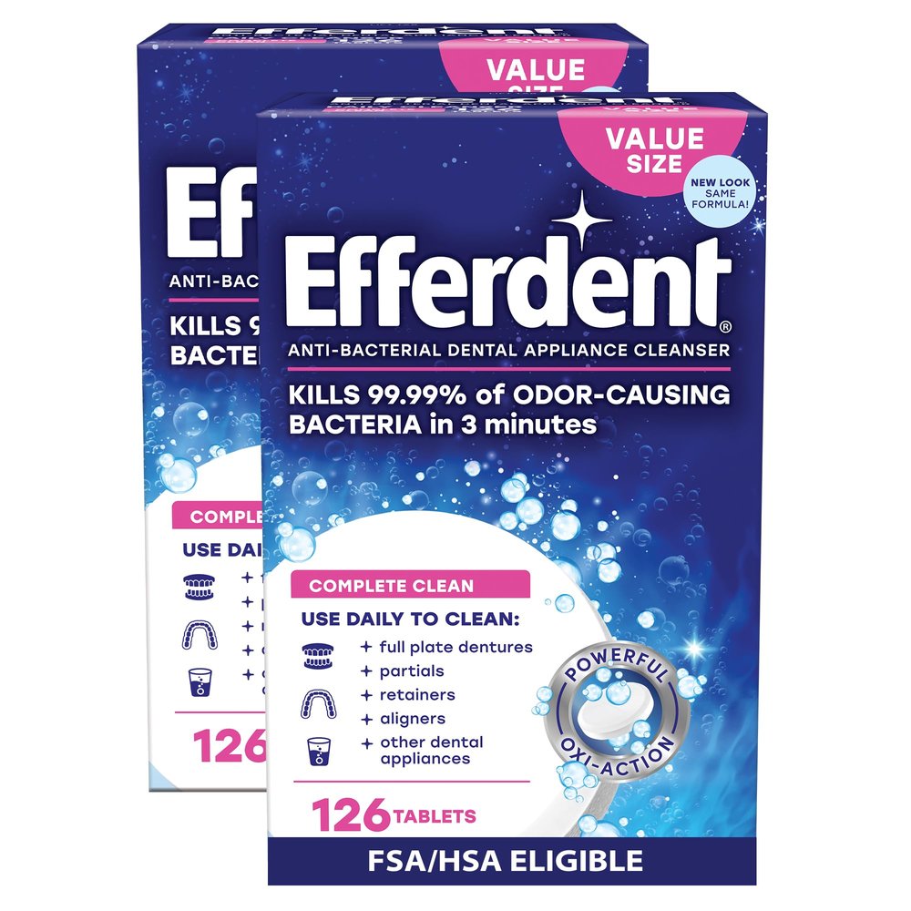 Efferdent Denture Cleaner Tablets Dental Appliances, Aligners, Mouth Guard, and Retainer Cleaner Tablets, Complete Clean, 126 Count, Pack of 2