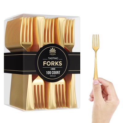 Exquisite Mini Disposable Gold Forks For Desserts - Pack Of 100 Dessert Forks  Size: 4 Inch - Color: Gold - Real Flatware Look - BPA Free - Food Safe