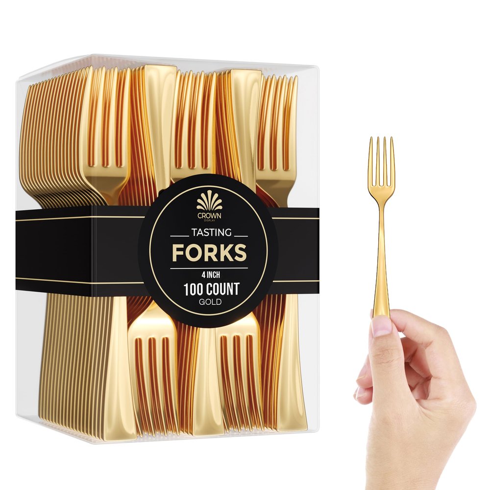Exquisite Mini Disposable Gold Forks For Desserts - Pack Of 100 Dessert Forks  Size: 4 Inch - Color: Gold - Real Flatware Look - BPA Free - Food Safe