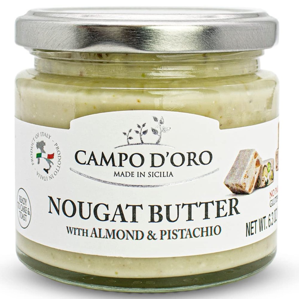 CAMPO D'ORO - Pistachio and Almond Nougat Butter (6.35oz - 180 g) NON-GMO, Gluten Free, Palm Oil Free
