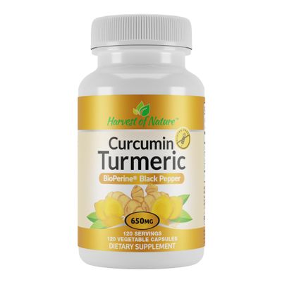 Harvest of Nature Organic Turmeric 650mg  50mg Curcuminoids with BioPerine Black Pepper  High Absorption Curcumin Supplement for Joint & Immune Support  Vegan, Non-GMO, 1 Pack (120 Capsules)