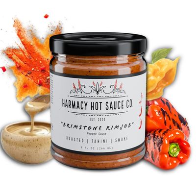 Brimstone Rimjob - Roasted Red Pepper & Tahini Hot Sauce by Harmacy Hot Sauce Co, 9oz, Award-Winning Small-Batch Artisan Spicy Sauce Vegan, Gluten-Free, Bold Mediterranean Flavor & Heat