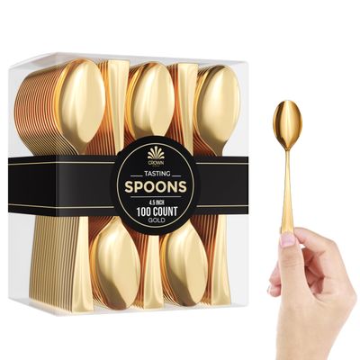 EXQUISITE Mini Spoons For Desserts - Bulk Pack Of 100 Gold Dessert  Disposable 4.5 Inch Plastic Appetizer Real Flatware Look Miniature Gold Bpa Free Food SafeSafe