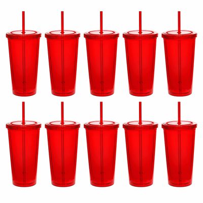 DISCOUNT PROMOS Double Wall Acrylic Tumblers 20 oz. Set of 10, Bulk Pack - BPA Free, Perfect for Iced Coffee, Soda, Other Hot & Cold Beverages - Red