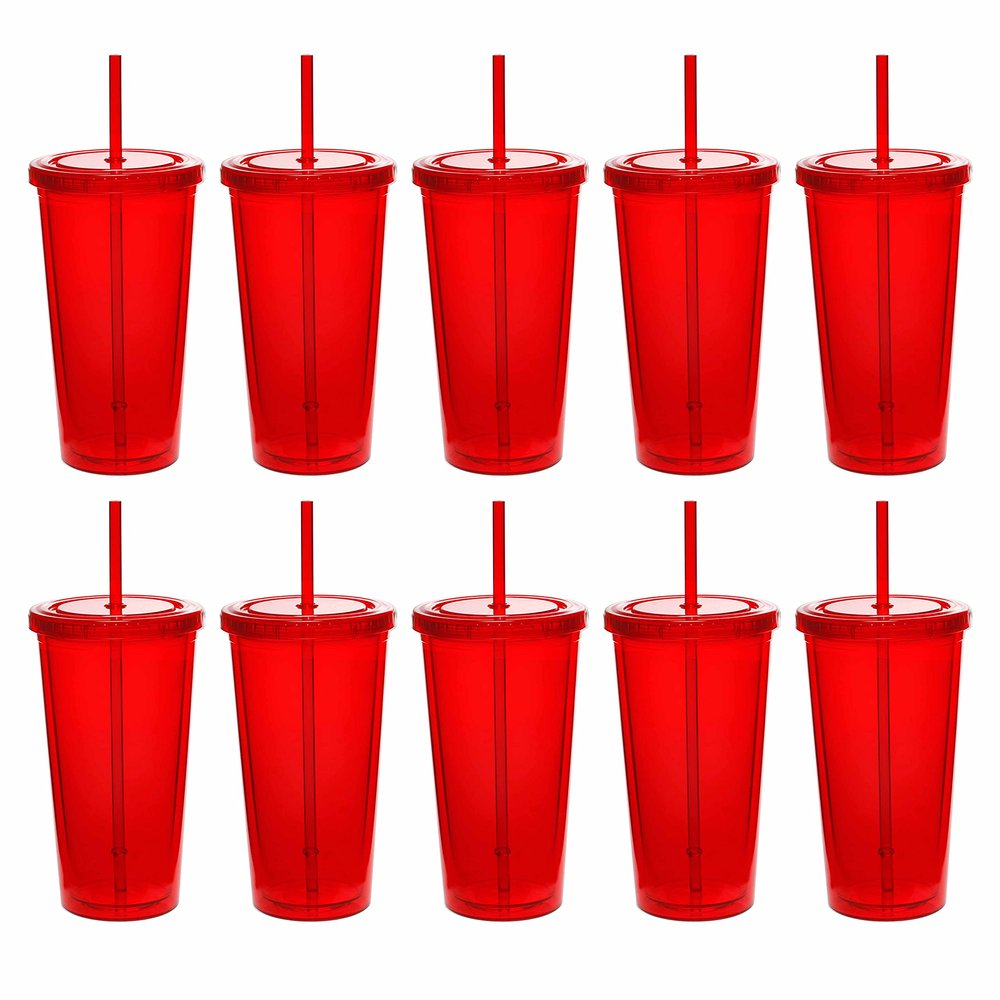 DISCOUNT PROMOS Double Wall Acrylic Tumblers 20 oz. Set of 10, Bulk Pack - BPA Free, Perfect for Iced Coffee, Soda, Other Hot & Cold Beverages - Red