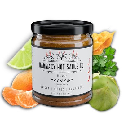 Cinco - Roasted Tomatillo & Clementine Pepper Sauce by Harmacy Hot Sauce, 9oz, Small-Batch Artisan Spicy Sauce with Bright Citrus & Balanced Heat Vegan, Gluten-Free, Nut-Free, Bold Fresh Flavor