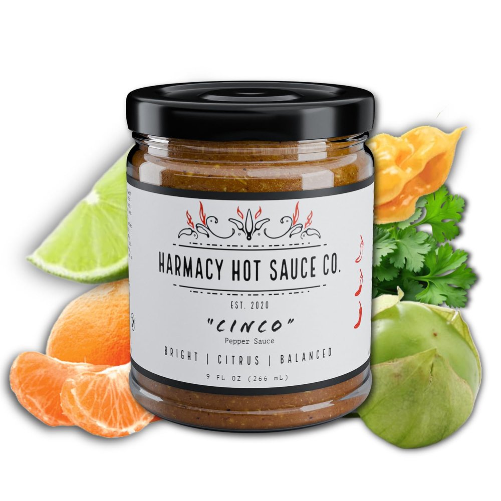 Cinco - Roasted Tomatillo & Clementine Pepper Sauce by Harmacy Hot Sauce, 9oz, Small-Batch Artisan Spicy Sauce with Bright Citrus & Balanced Heat  Vegan, Gluten-Free, Nut-Free, Bold Fresh Flavor