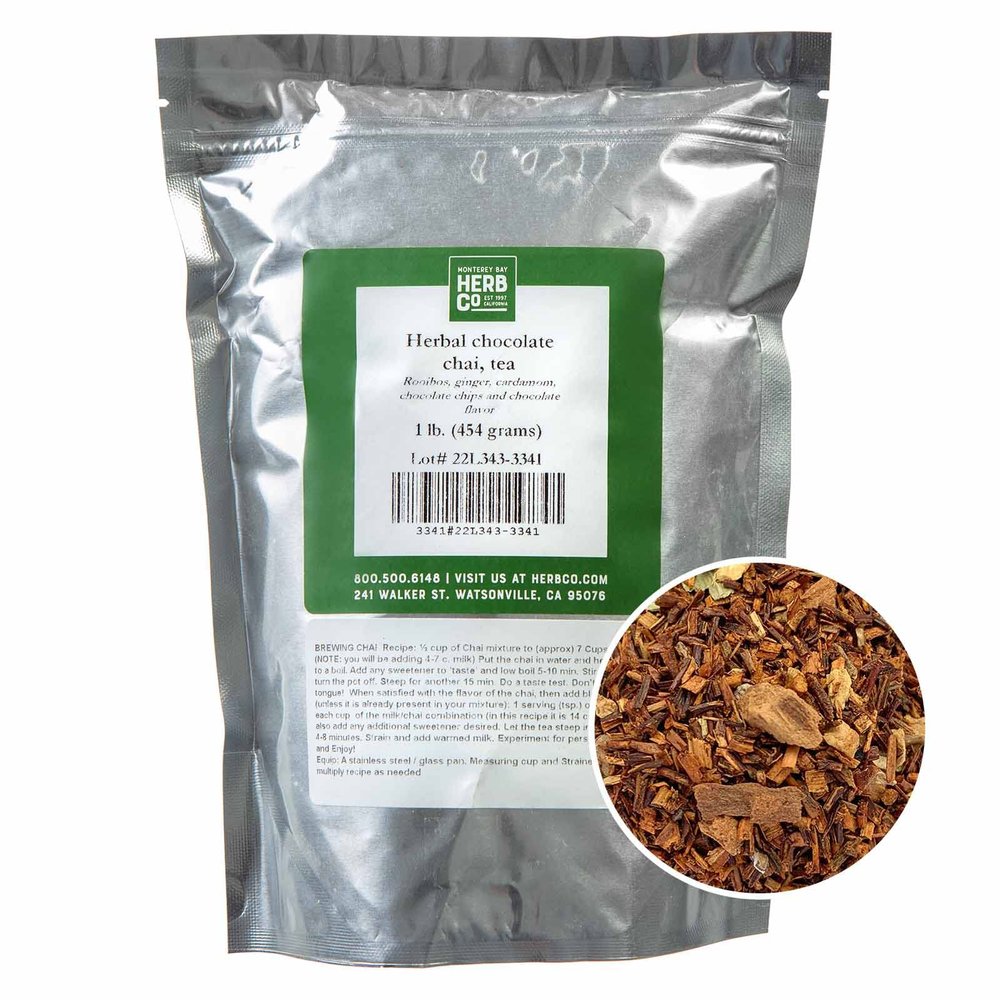 Herbal Chocolate Chai Tea, by Herb Co, Loose Leaf, Caffeine-Free Dessert Chai, Spiced Rooibos with Ginger, Cardamom & Chocolate Chips, Kosher Certified, 1 lb