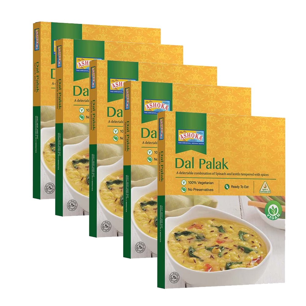 Ashoka All-Natural Entrees 1932, Vegan Spinach and Lentils, Microwave Friendly Meals, Authentic Indian Dal Palak, Great for Outdoors, Kosher Certified, Gluten-Free & with No Preservatives, Pack of 10