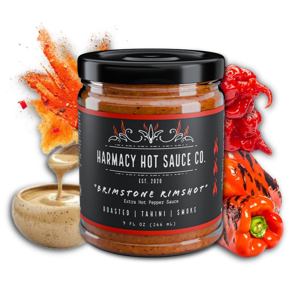 Brimstone Rimshot - Extra Hot Roasted Red Pepper & Tahini Hot Sauce by Harmacy Hot Sauce Co, 9oz, Award-Winning Small-Batch Artisan Spicy Sauce  Vegan, Gluten-Free, Bold Mediterranean Flavor & Heat