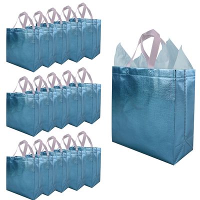 CHENGBAI TOTE Blue Reusable Gift Bags with Handles 15 Pcs, Metallic Bling Shimmer Design Gift Wrap in Bulk for Birthday, Weddings, Holiday