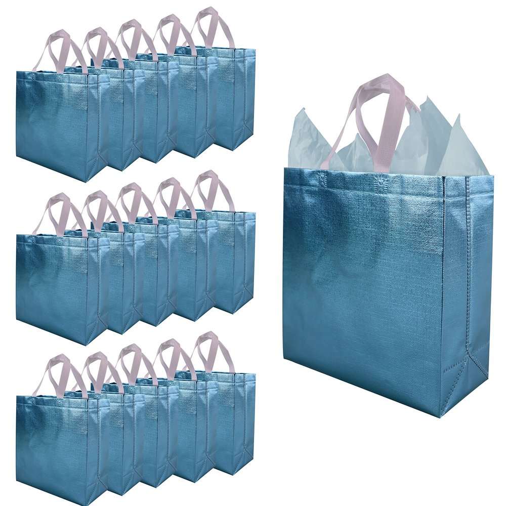 CHENGBAI TOTE Blue Reusable Gift Bags with Handles 15 Pcs, Metallic Bling Shimmer Design Gift Wrap in Bulk for Birthday, Weddings, Holiday