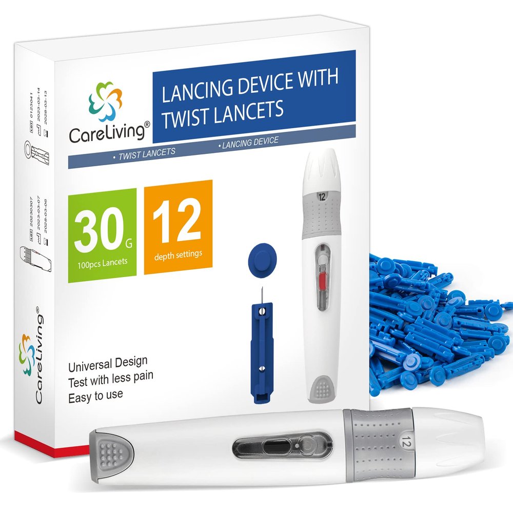 CareLiving Lancing Device and 100 Lancets, Single Use, 30 Gauge Lancets, for Minimizing Pain and Discomfort