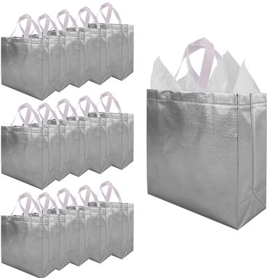 CHENGBAI TOTE Silver Reusable Gift Bags 15 Pcs, 12.2x4.72x11 in Glossy Gift Bag Bulk, Metallic Shimmer Design Gift Wrap Bags for Birthday, Weddings, Mother's Day, Christmas