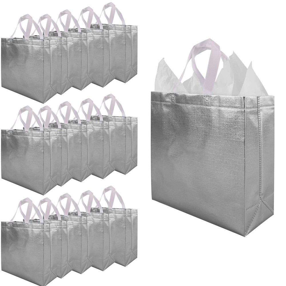 CHENGBAI TOTE Silver Reusable Gift Bags 15 Pcs, 12.2x4.72x11 in Glossy Gift Bag Bulk, Metallic Shimmer Design Gift Wrap Bags for Birthday, Weddings, Mother's Day, Christmas