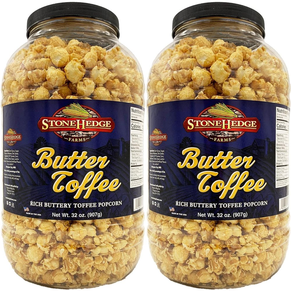 Stonehedge Farms Butter Toffee Flavored Popcorn | 32 oz Tub (Pack of 2) | Perfect for Holidays and Christmas | Reclosable Barrels | Bulk Popped ButterToffee Corn