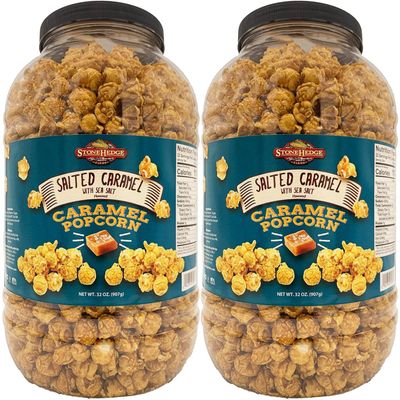 Stonehedge Farms Salted Caramel Flavored Popcorn Barrel | 32 oz Tub (Pack of 2) | Reclosable Barrels | Bulk Gourmet Popped Sweet Snacks | Carmel Pop Corn Gift