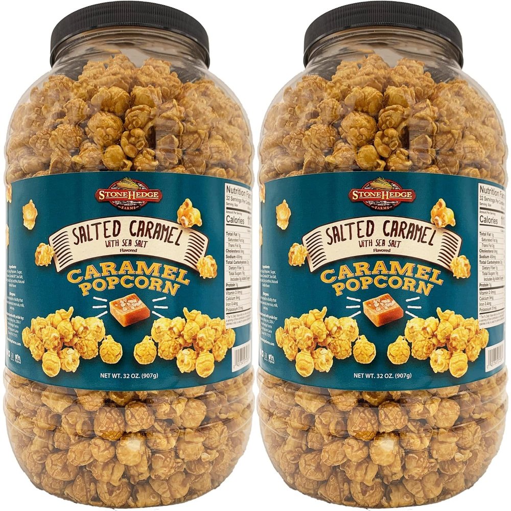Stonehedge Farms Salted Caramel Flavored Popcorn Barrel | 32 oz Tub (Pack of 2) | Reclosable Barrels | Bulk Gourmet Popped Sweet Snacks | Carmel Pop Corn Gift