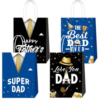 Bomiloho 16pcs Father's Day Party Bags Blue Happy Father's Day Gift Bag Paper Gift Bags for the Best Dad Theme Party Supplies Gift Goody Treat Candy Bags