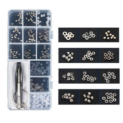 Glasses Screws Repair Kit,Eyeglass Sunglasses Screws Set Screw Nuts Nose Pads Complete Glasses Screws with Screwdriver Tweezer(Silver Screw Nuts)