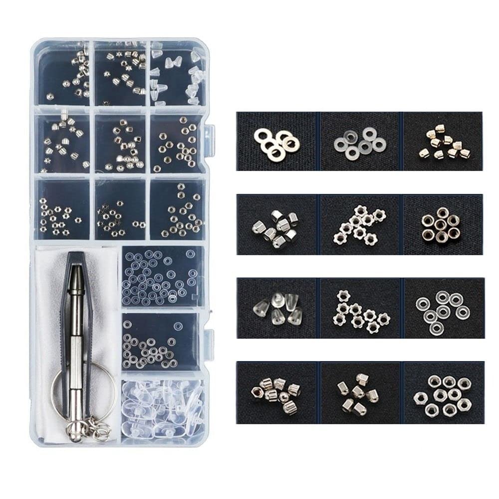 Glasses Screws Repair Kit,Eyeglass Sunglasses Screws Set Screw Nuts Nose Pads Complete Glasses Screws with Screwdriver Tweezer(Silver Screw Nuts)