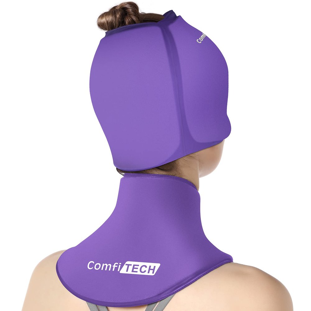 ComfiTECH Cold Cap and Neck Ice Pack Wrap Gel Combo, Care Package for Head and Cervical, Purple