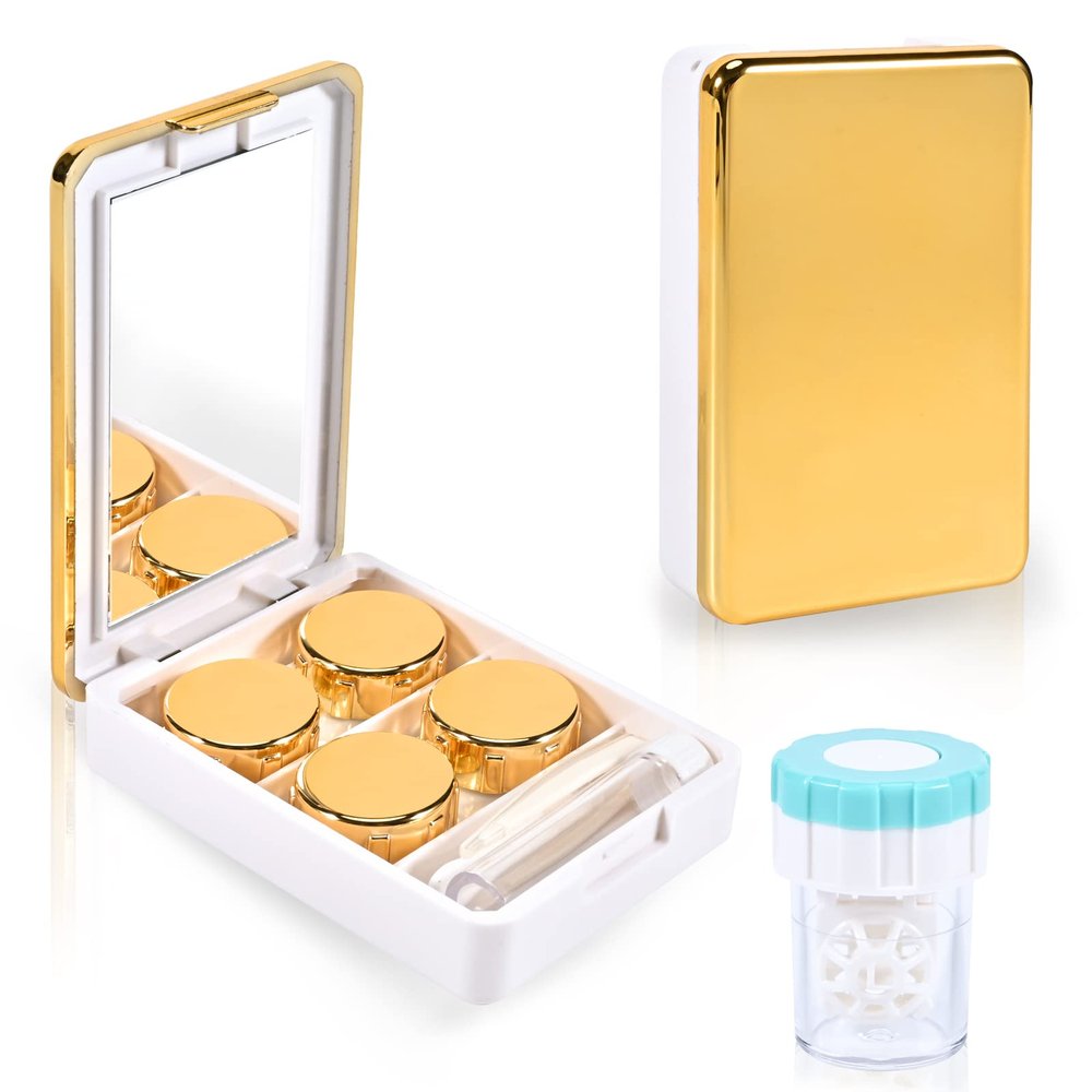 Vordrassil MC2 Contact Lens Case with Manual Contact Lens Cleaner Machine, Portable Contact Box with Mirror Tweezers Remover Tool Solution Bottle for Daily Outdoor Travel. (Gold)