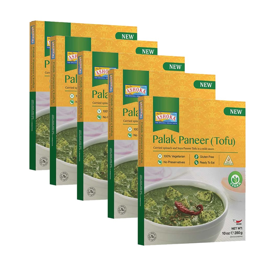 Ashoka Entrees 1932, Plant-Based Tofu & Spinach Curry, All-Natural, Ready to Eat Meals, Palak Paneer, Kosher Certified, Great for Offices, Instant Meals with No Preservatives, Pack of 10