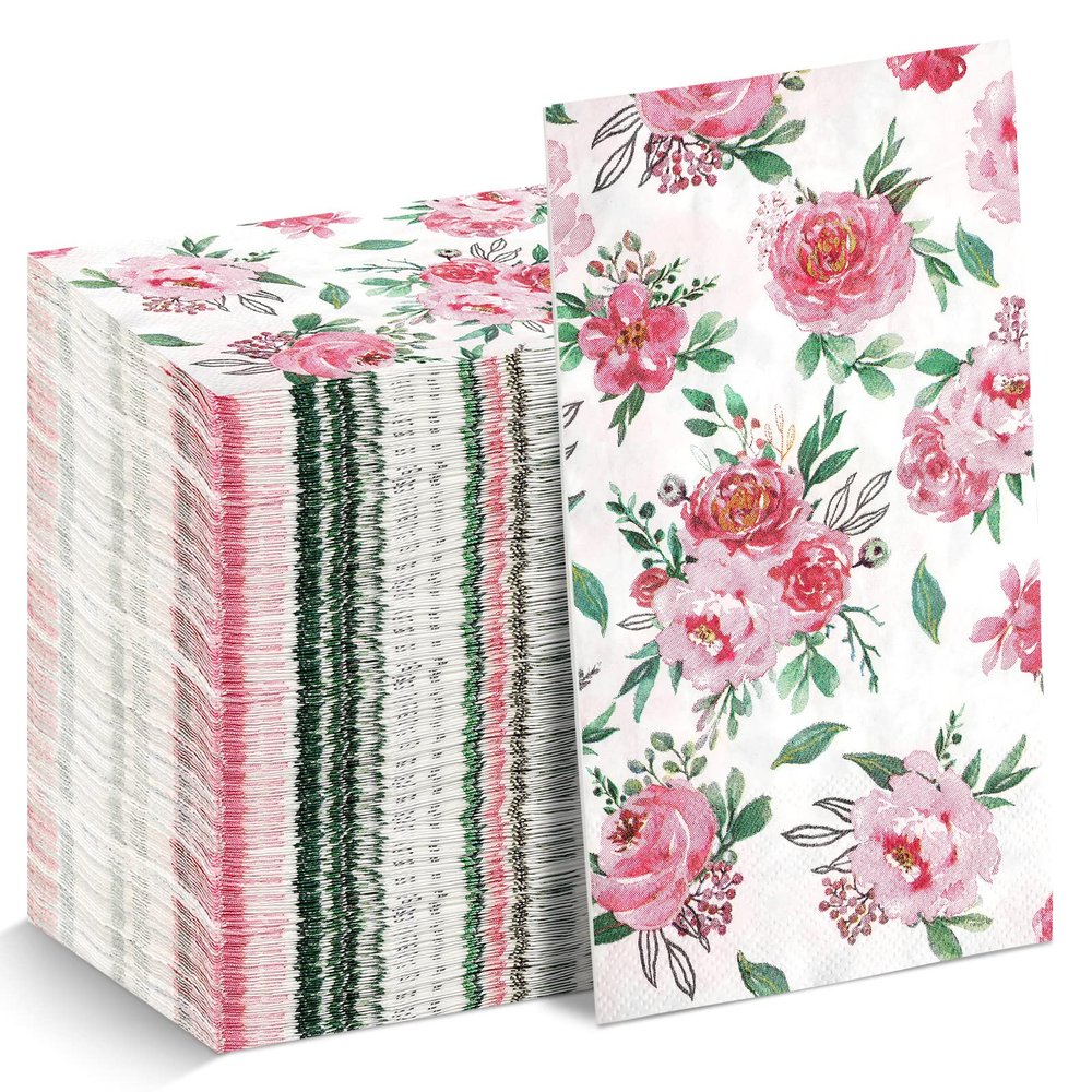 Floral Napkins Disposable Flower Guest Hand Towels Decorative Paper Towels for Bathroom Wedding Birthday Baby Shower Kitchens Table(Pink,100 Pcs)