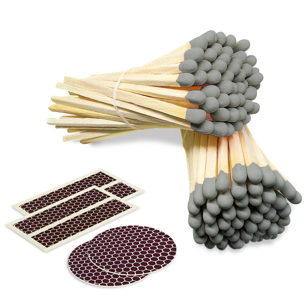 4" Gray Matches (100 Count, with Striking Stickers Included) | Decorative Unique & Fun for Your Home, Gifts, Accessories & Events | Premium Long Wood Safety Matches by Thankful Greetings