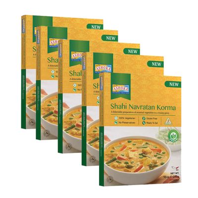 Ashoka Traditional Indian Meals 1932, Vegan Mixed Vegetable Curry, All-Natural Ready to Eat Microwavable Entrees, Shahi Navratan Korma, Kosher Certified, Gluten-Free with No Preservatives, Pack of 10