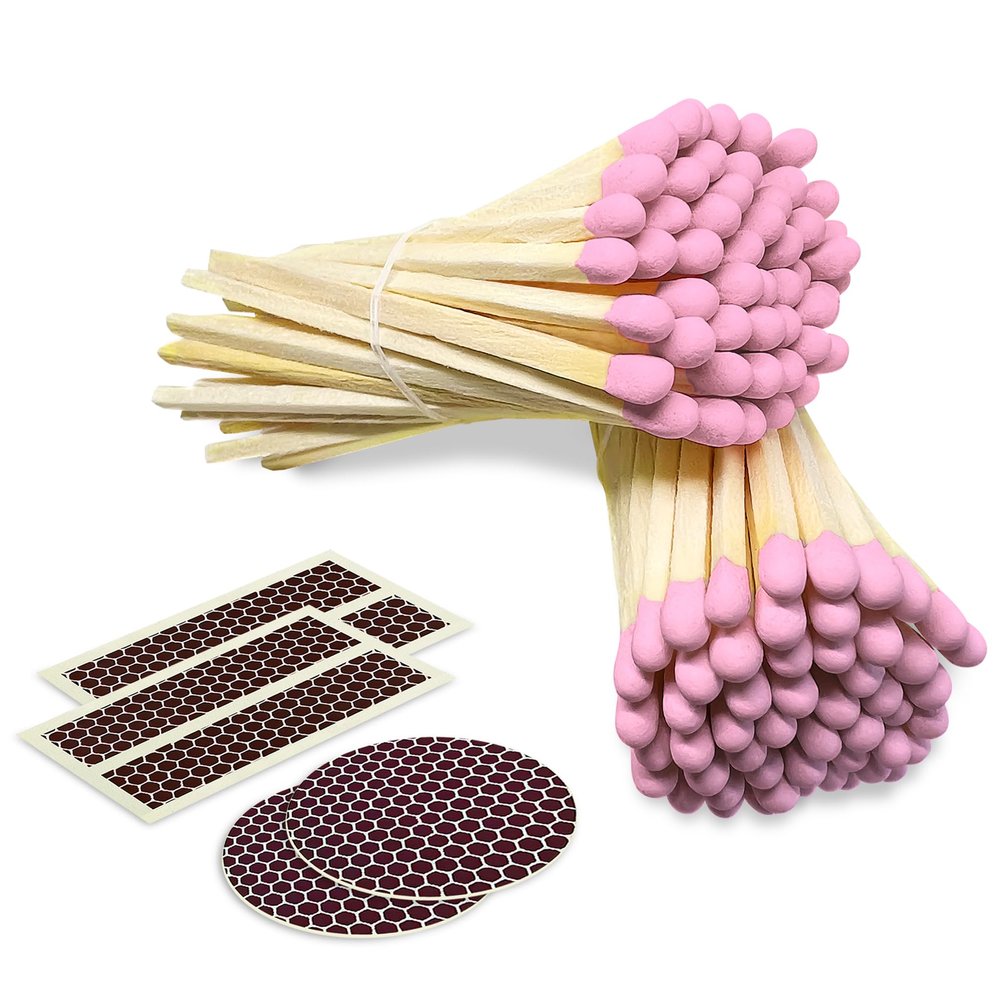 4" Light Pink Matches (100 Count, with Striking Stickers Included) | Decorative Unique & Fun for Your Home, Gifts, Accessories & Events | Premium Long Wood Safety Matches by Thankful Greetings