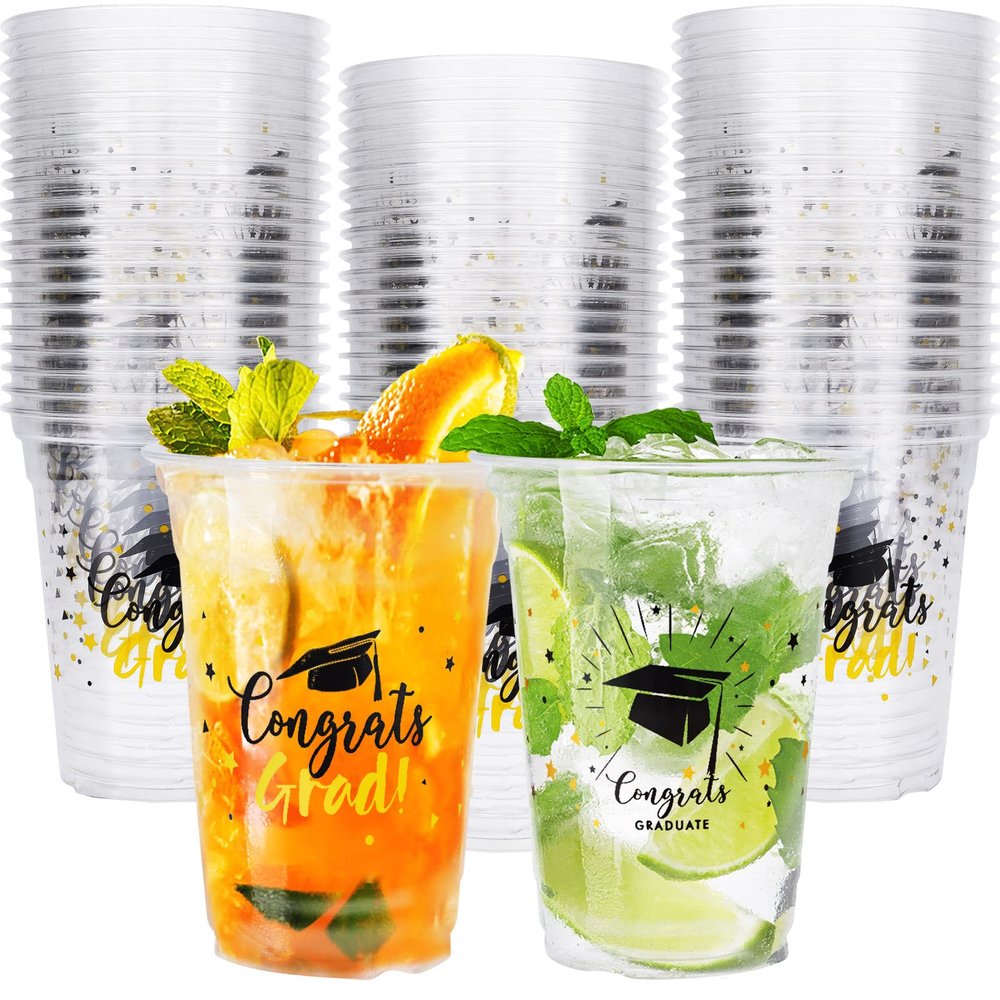 Whaline 2025 Graduation Cups Plastic 12oz Congrats Grad Disposable Cups Party Cups Black Gold Graduation Cup Clear Plastic Glasses for Coffee Juice Hot Cold Drinks Class of 2025 Party Supplies,50Pcs
