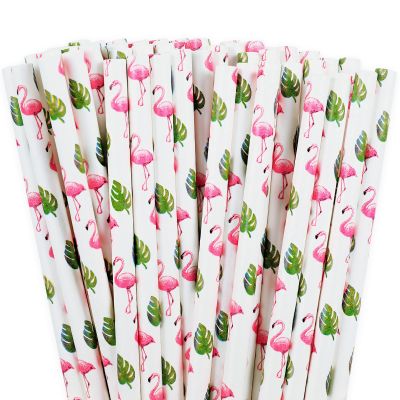 Whaline 100Pcs Flamingo Straws Summer Flamingo Tropical Leaves Disposable Paper Straws Hawaii Theme Decorative Straw for Flamingo Pool Party Baby Shower Supplies Juices Shakes Cocktail Decoration