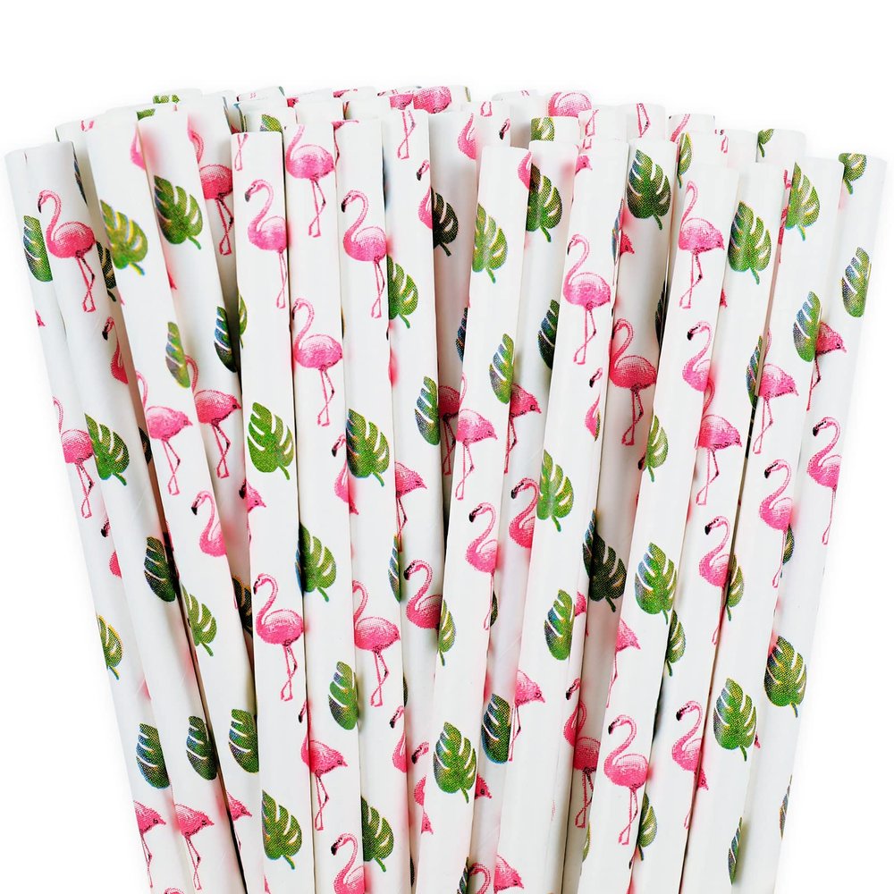 Whaline 100Pcs Flamingo Straws Summer Flamingo Tropical Leaves Disposable Paper Straws Hawaii Theme Decorative Straw for Flamingo Pool Party Baby Shower Supplies Juices Shakes Cocktail Decoration