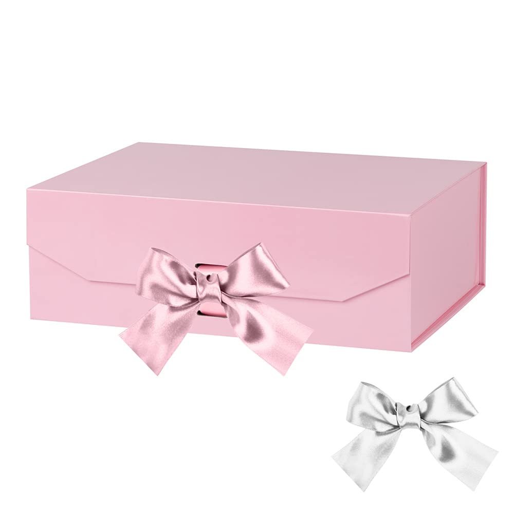 GoooodGift Pink Gift Box 10x7.3x3.5 Inches, Decorative Box with Ribbon, Empty Gift Box with Lid Magnetic Closure, Groomsman Box, Rectangle Collapsible Gift Boxes for Shirt (Pink)