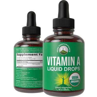 USDA Organic Vitamin A Liquid Drops Supplement. Vegan High Bioavailability for Eye, Skin + Bone Health. for Adults, Men, Women, Kids. Vit A Oil Retinyl Palmitate. Gluten Free, Zero Sugar. 100 Servings