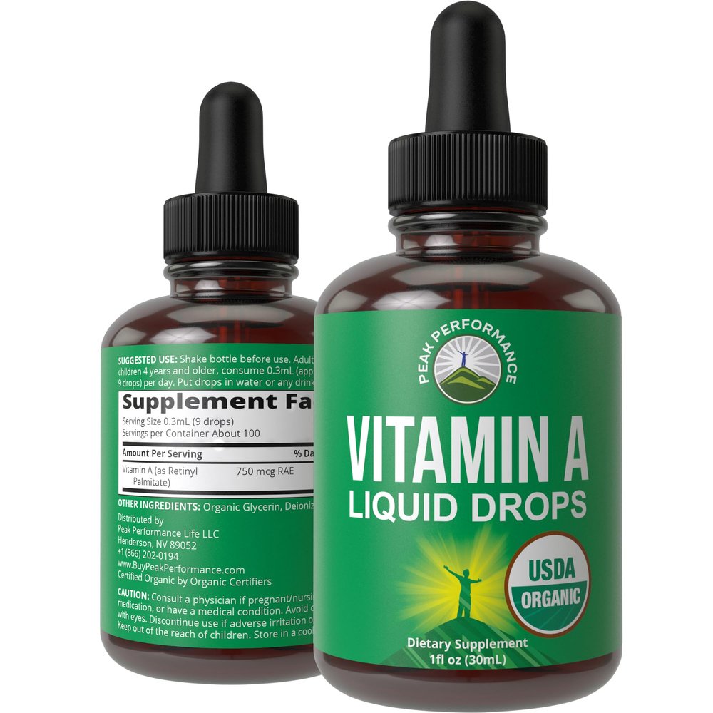 USDA Organic Vitamin A Liquid Drops Supplement. Vegan High Bioavailability for Eye, Skin + Bone Health. for Adults, Men, Women, Kids. Vit A Oil Retinyl Palmitate. Gluten Free, Zero Sugar. 100 Servings