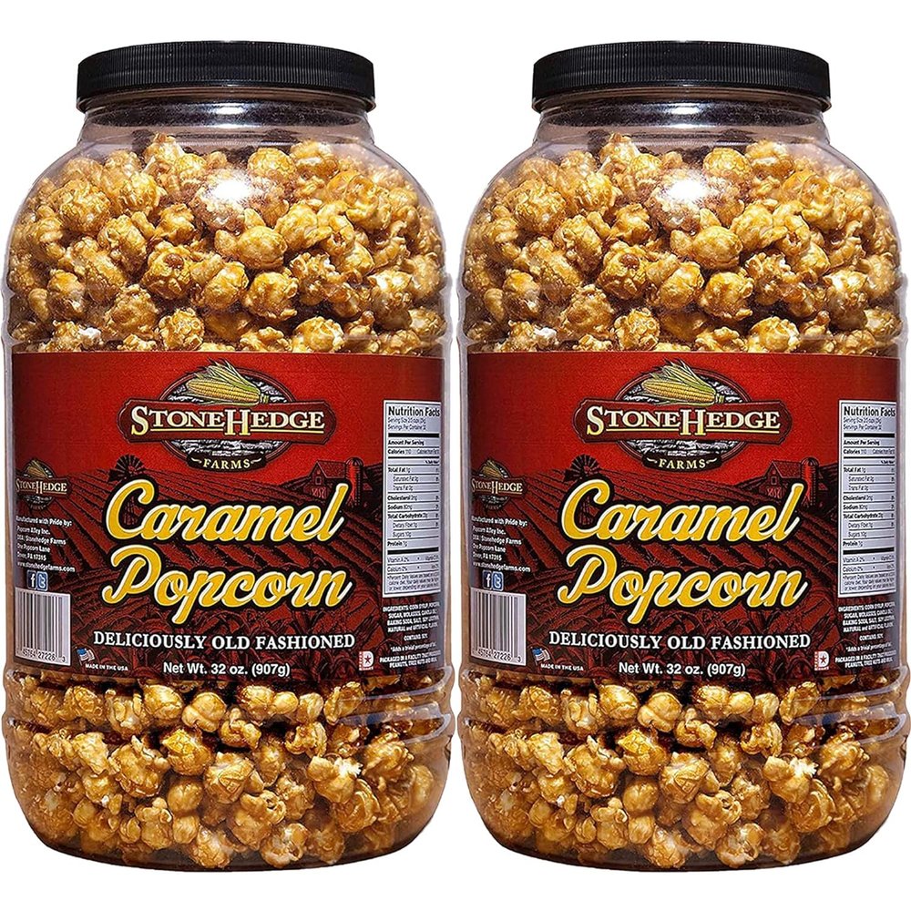 Stonehedge Farms Caramel Flavored Popcorn | 32 oz Tub (Pack of 2) | Perfect for Holidays and Christmas | Reclosable Barrels | Bulk Gourmet Popped Carmel Pop Corn