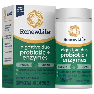 Renew Life Digestive Duo Probiotic and Enzymes Vegetarian Capsules, Probiotic Promotes Digestive Health, Fast-Acting Enzymes Aid Digestion, With Soothing Herbs - 30 Count