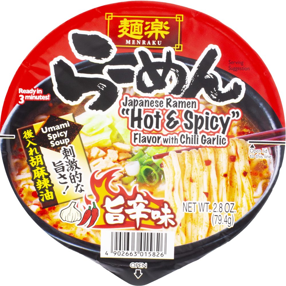 Hikari Menraku Ramen Hot and Spicy Flavor with Chili Garlic 2.8 oz (Pack of 12)