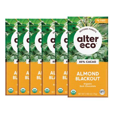 Alter Eco | Dark Chocolate Bars | Pure Dark Cocoa, Fair Trade, Organic, Non-GMO, Gluten Free (6-Pack almond Blackout)