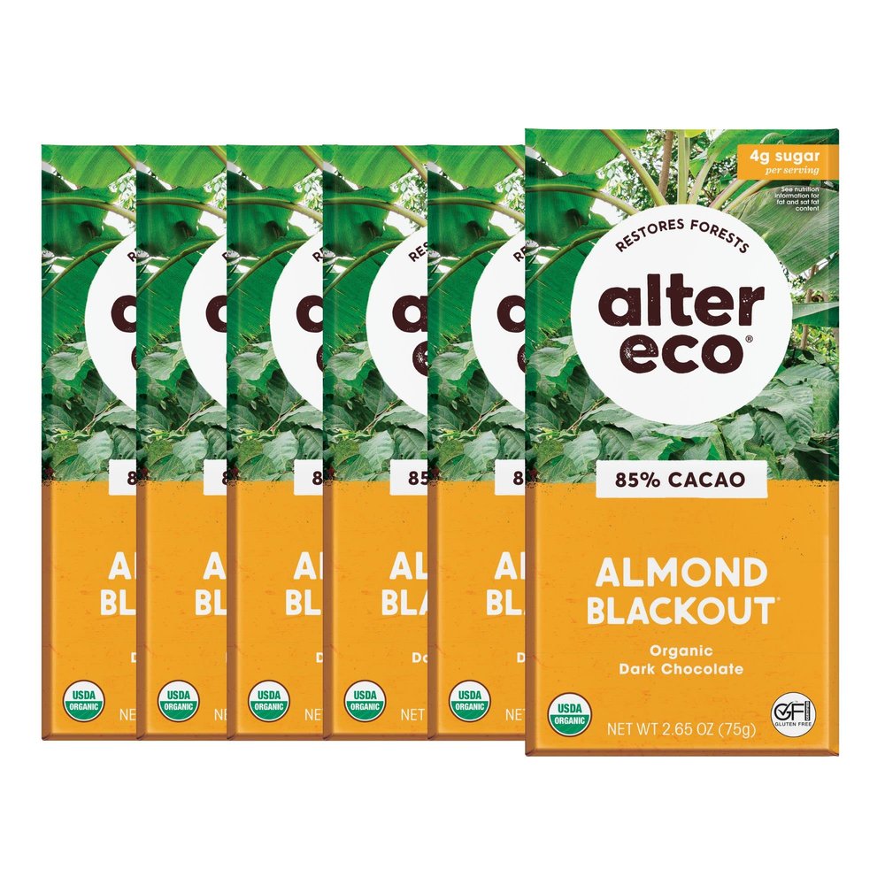 Alter Eco | Dark Chocolate Bars | Pure Dark Cocoa, Fair Trade, Organic, Non-GMO, Gluten Free (6-Pack almond Blackout)