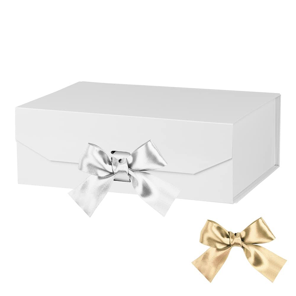 GoooodGift White Gift Box 10x7.3x3.5 Inches, Decorative Box with Ribbon, Empty Gift Box with Lid Magnetic Closure, Groomsman Box, Rectangle Collapsible Gift Boxes for Shirt (Matte White)