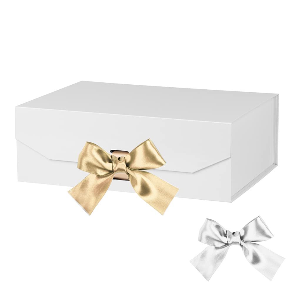 GoooodGift White Gift Box 10x7.3x3.5 Inches, Decorative Box with Ribbon, Empty Gift Box with Lid Magnetic Closure, Groomsman Box, Rectangle Collapsible Gift Boxes for Shirt (Glossy White)