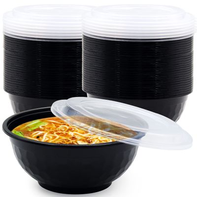 POPMISOLER 150 Pcs Stackable Meal Prep Bowl Containers,36 OZ Food Takeout Bowls Reusable,Black Disposable With Lids,Microwavable Dishwasher Safe Leak Resistant for Noodle Soup,Salads&Ramen Bow (36oz)